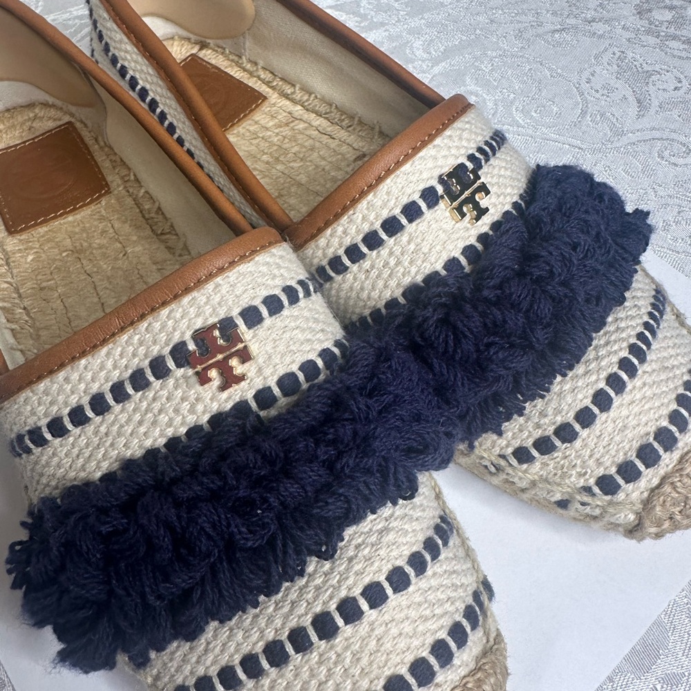 Tory Burch navy and cream espadrille flats